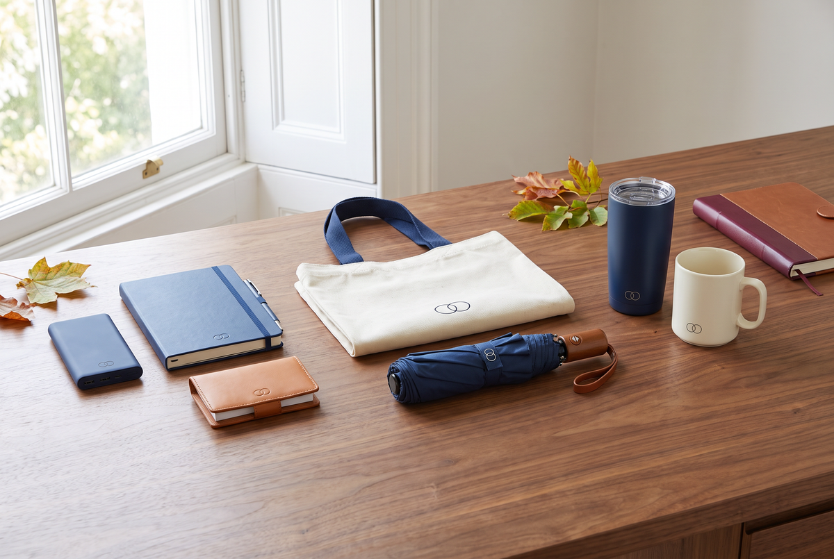 Branded desk, carry and kitchen gifts grouped on a walnut desk