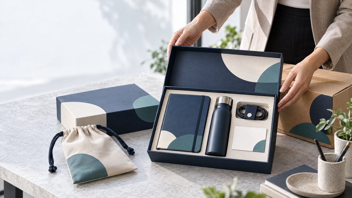 A curated corporate gift set with a notebook, insulated bottle and presentation box arranged on a studio table.