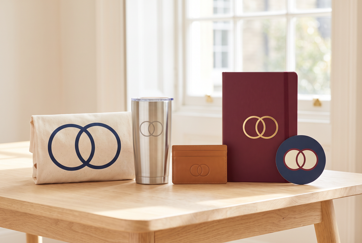 The same emblem screen printed, engraved, debossed, foil stamped and printed on different products