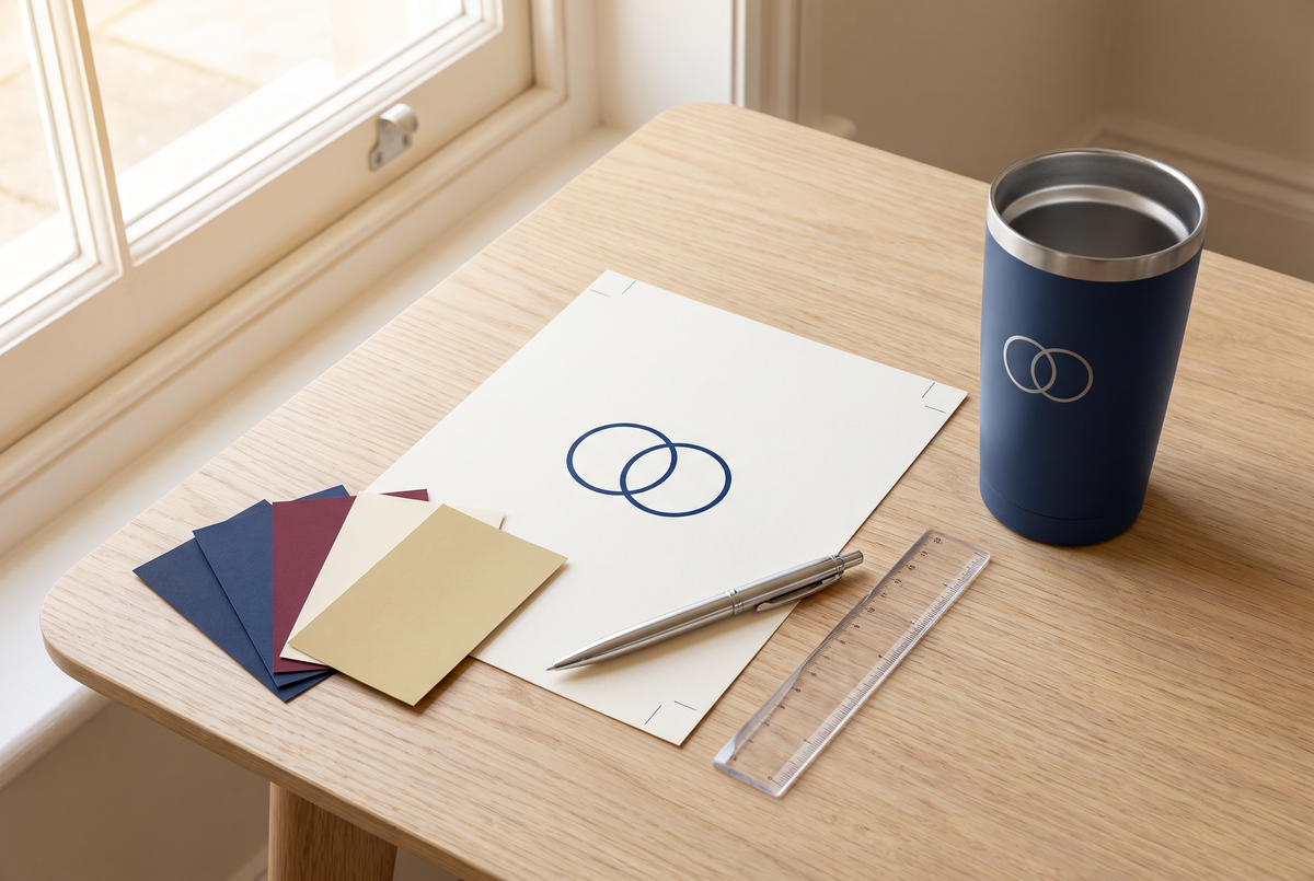 Artwork proof, colour swatches and a pen beside the finished branded tumbler