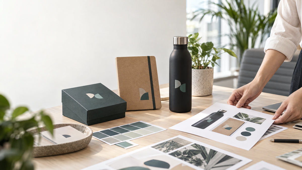 Design proof sheets and unbranded corporate gift products arranged for logo customisation approval.