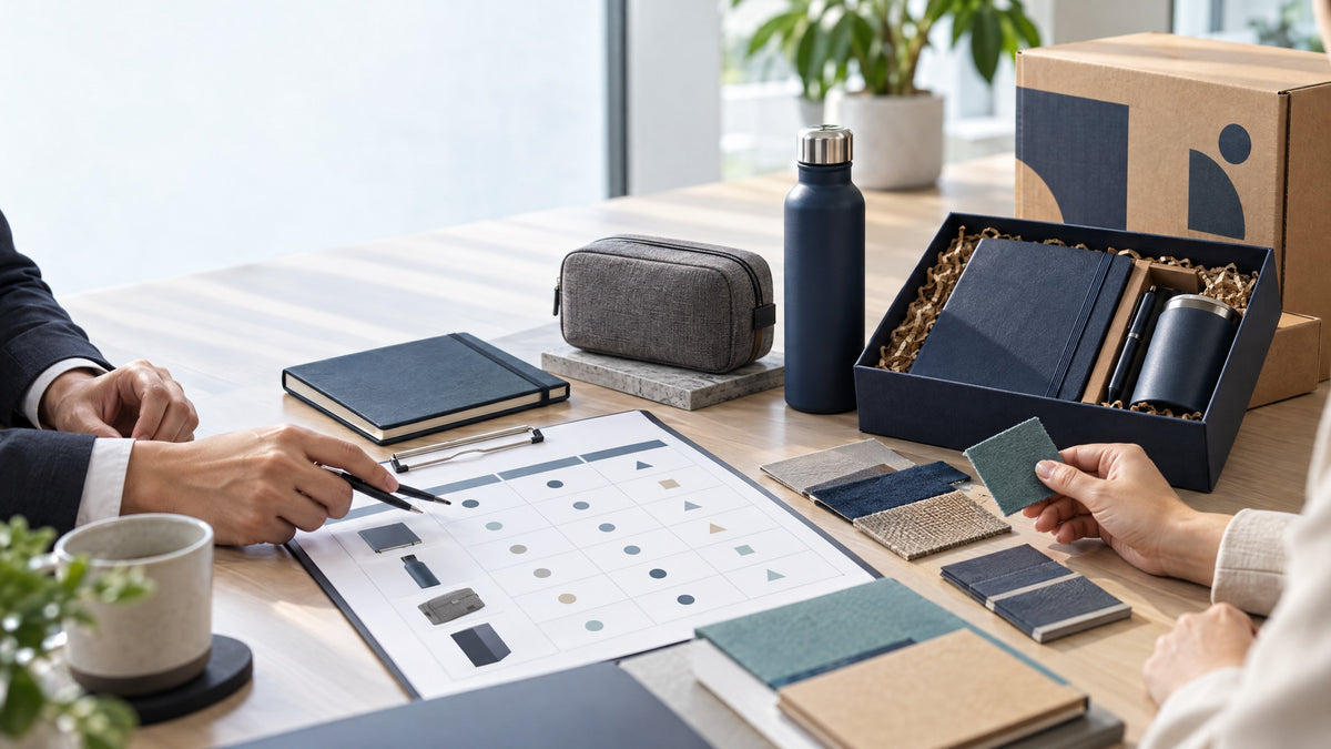 A procurement team comparing corporate gift supplier proposal materials, product samples and an evaluation matrix at a modern meeting table.