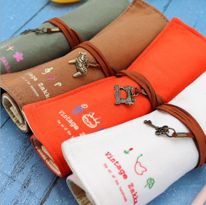 Custom Logo Canvas Retro Scroll Shaped Pencil Bag