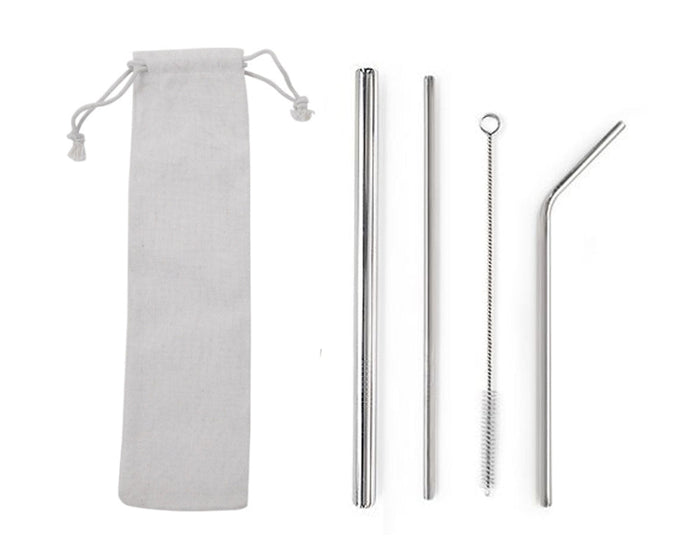 Custom Logo Drawstring Bag Stainless Steel Eco-Friendly Straw 4-Piece Set