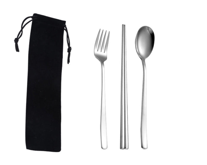 Custom Logo Korean Stainless Steel Tableware 3-Piece Set (Black Drawstring Pocket)