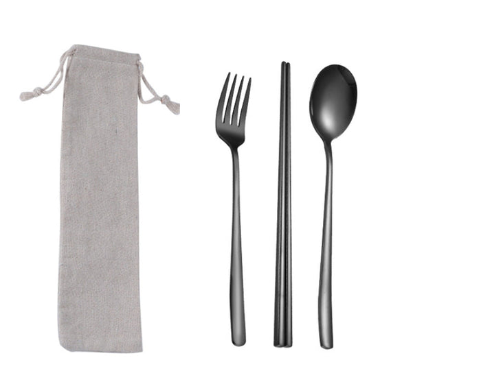 Custom Logo Korean Drawstring Bag Stainless Steel Tableware 3-Piece Set