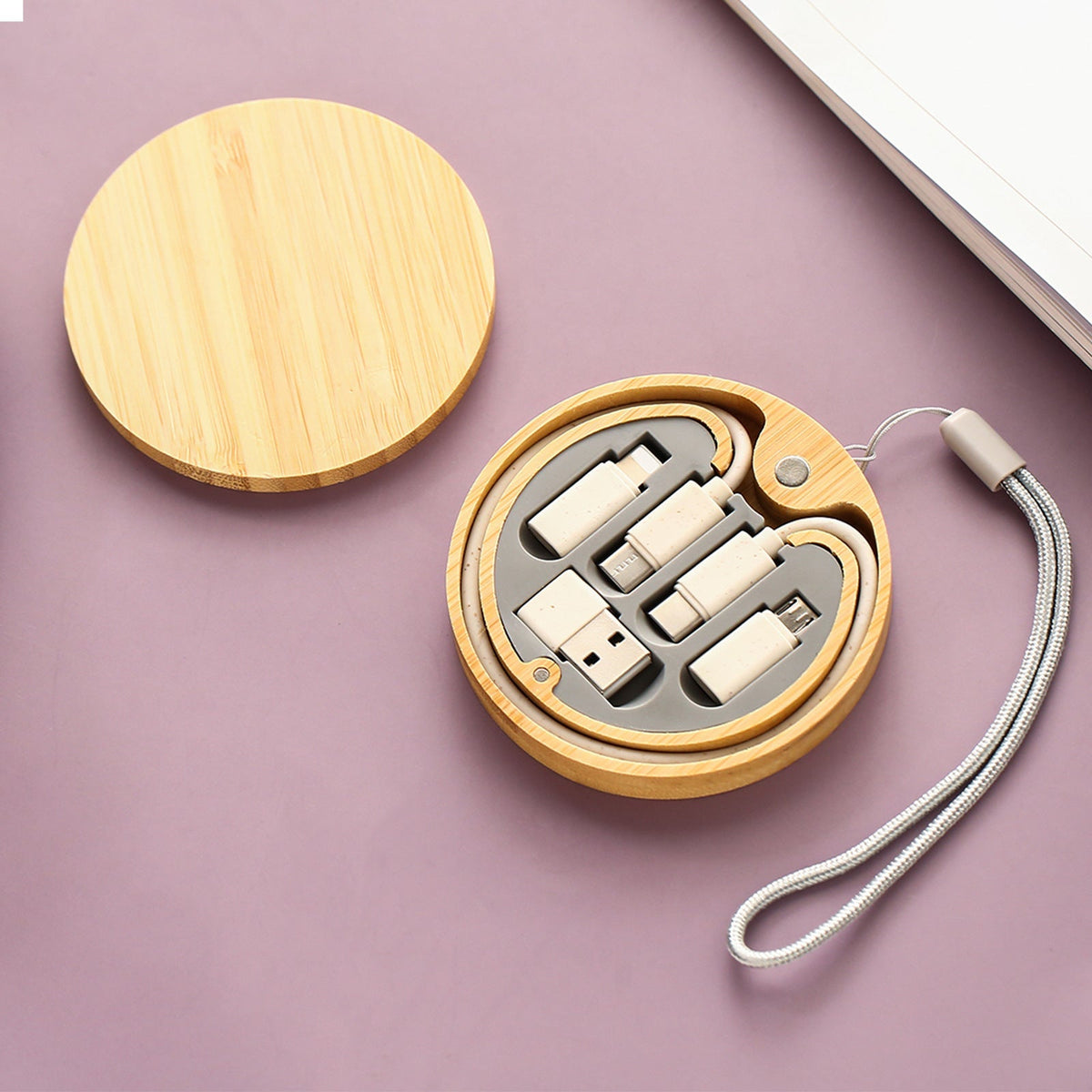 Custom Logo Round Bamboo Wood Wheat Environmental Protection Charging Cable Set | Premium Corporate Gifts and Custom Gifts