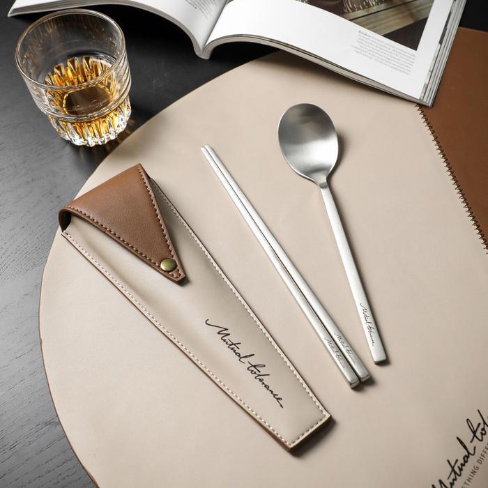 Custom Logo Textured Leather Portable Cutlery Set
