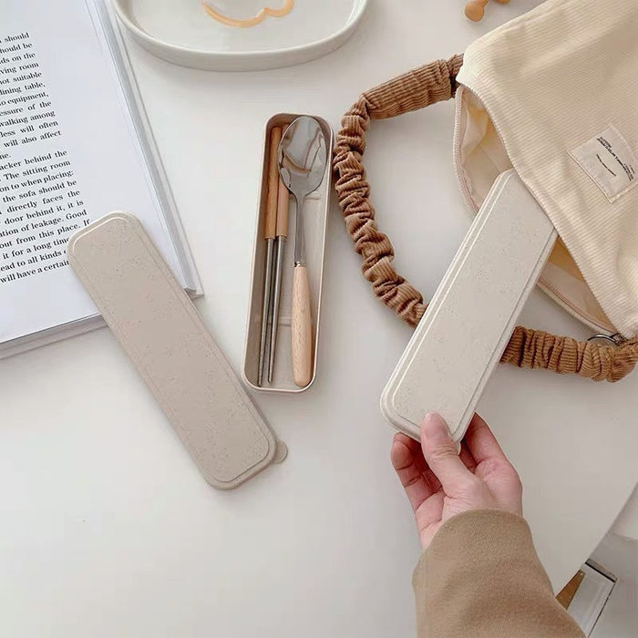 Custom Logo Wheat Wooden Handle Stainless Steel Eco-Friendly Tableware 3-Piece Set