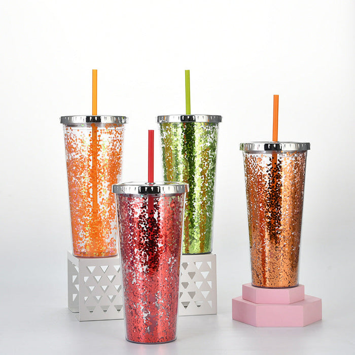 Custom Logo Shiny Sequin Straw Cup