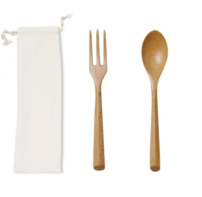 Custom Logo Eco-Friendly Wooden Cutlery Set Cotton Drawstring Bag